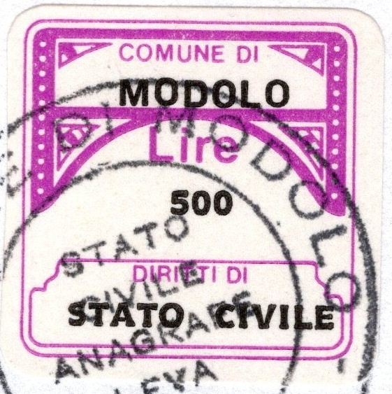 Marca da Bollo del Comune di MODOLO su Carta Bianca di dimensioni 20 x 20 mm