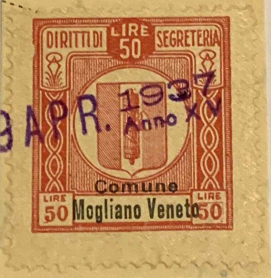 Marca da Bollo del Comune di MOGLIANO VENETO su Carta Bianca di dimensioni 23 x 26 mm