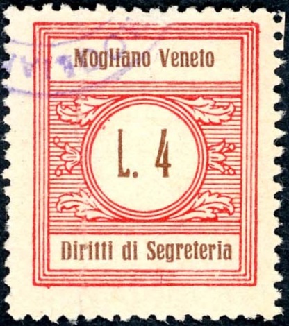 Marca da Bollo del Comune di MOGLIANO VENETO su Carta Bianca di dimensioni 21,5 x 25,5 mm