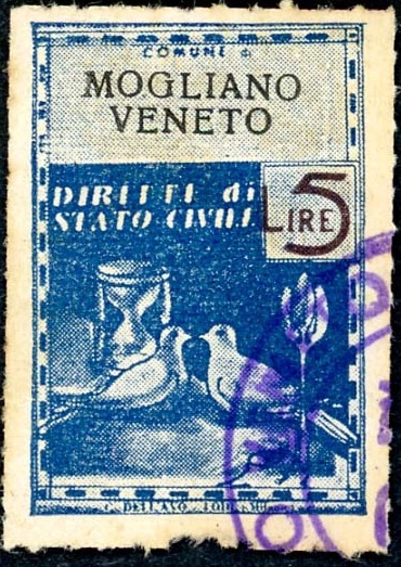 Marca da Bollo del Comune di MOGLIANO VENETO su Carta Bianca di dimensioni 21,5 x 31,5 mm