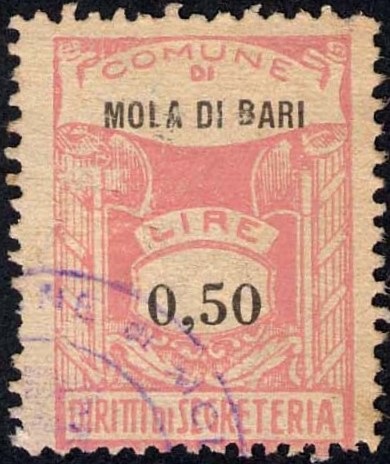 Marca da Bollo del Comune di MOLA DI BARI su Carta Bianca di dimensioni 20 x 28 mm