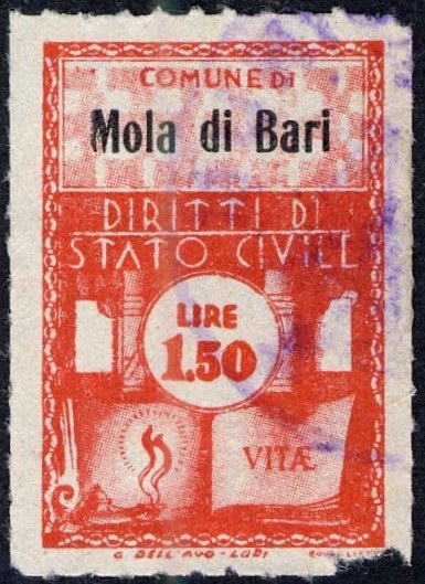 Marca da Bollo del Comune di MOLA DI BARI su Carta Bianca di dimensioni 21 x 28 mm
