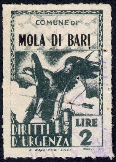 Marca da Bollo del Comune di MOLA DI BARI su Carta Bianca Sottile di dimensioni 21 X 32 mm