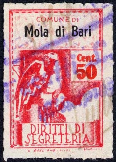 Marca da Bollo del Comune di MOLA DI BARI su Carta Bianca Sottile di dimensioni 21 X 32 mm
