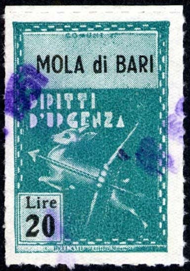 Marca da Bollo del Comune di MOLA DI BARI su Carta Bianca Sottile di dimensioni 21 X 32 mm