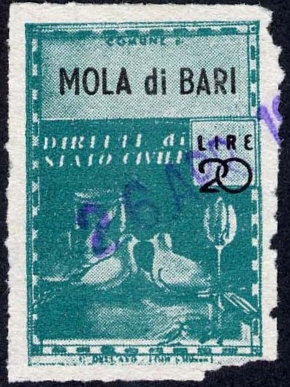 Marca da Bollo del Comune di MOLA DI BARI su Carta Bianca di dimensioni 21,5 x 32 mm