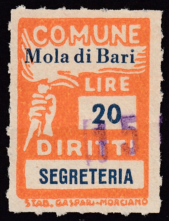 Marca da Bollo del Comune di MOLA DI BARI su Carta Bianca di dimensioni 18 X 25,5 mm