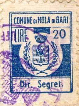 Marca da Bollo del Comune di MOLA DI BARI su Carta Bianca di dimensioni 14,5 x 18,5 mm