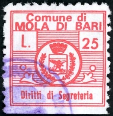 Marca da Bollo del Comune di MOLA DI BARI su Carta Bianca di dimensioni 20 x 20 mm