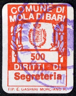 Marca da Bollo del Comune di MOLA DI BARI su Carta Bianca di dimensioni 13,5 x 20 mm