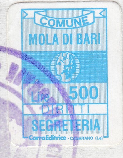 Marca da Bollo del Comune di MOLA DI BARI su Carta Bianca di dimensioni 12 x 19 mm