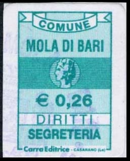 Marca da Bollo del Comune di MOLA DI BARI su Carta Bianca di dimensioni 12 x 19 mm