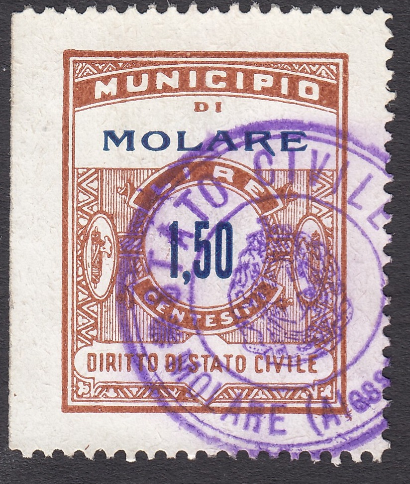Marca da Bollo del Comune di MOLARE su Carta Colorata di dimensioni 23,5 X 30,5 mm