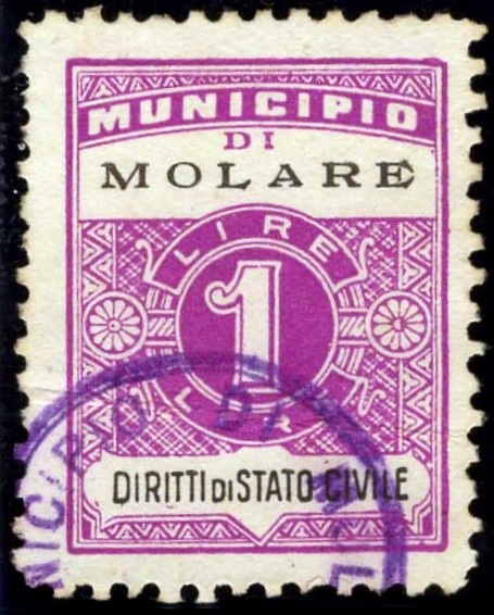 Marca da Bollo del Comune di MOLARE su Carta Colorata di dimensioni 23,5 X 30,5 mm