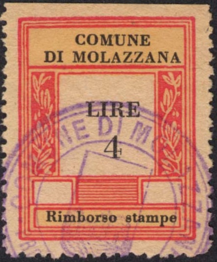 Marca da Bollo del Comune di MOLAZZANA su Carta Bianca di dimensioni 23 X 30 mm
