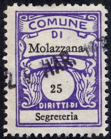 Marca da Bollo del Comune di MOLAZZANA su Carta Bianca Sottile di dimensioni 20 x 27 mm