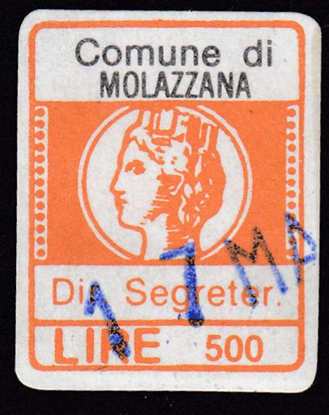 Marca da Bollo del Comune di MOLAZZANA su Carta Bianca di dimensioni 15,5 x 20 mm