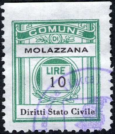 Marca da Bollo del Comune di MOLAZZANA su Carta Bianca di dimensioni 21 x 24,5 mm
