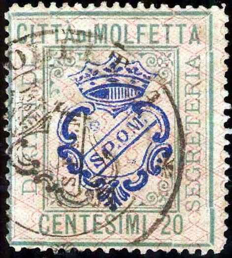 Marca da Bollo del Comune di MOLFETTA su Carta Bianca di dimensioni 29 x 33,5 mm