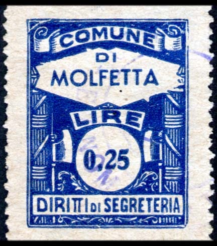 Marca da Bollo del Comune di MOLFETTA su Carta Bianca di dimensioni 22 x 29 mm