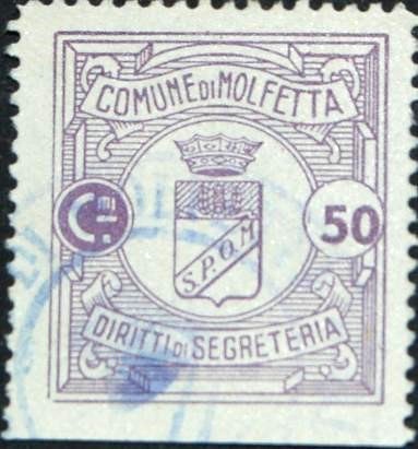 Marca da Bollo del Comune di MOLFETTA su Carta Bianca di dimensioni 24 x 26,5 mm