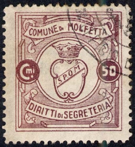 Marca da Bollo del Comune di MOLFETTA su Carta Bianca di dimensioni 24 x 27 mm