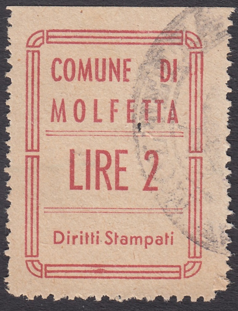 Marca da Bollo del Comune di MOLFETTA su Carta Colorata di dimensioni 22,5 x 31,5 mm