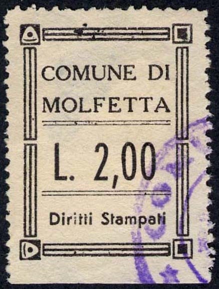 Marca da Bollo del Comune di MOLFETTA su Carta Bianca Sottile di dimensioni 23,5 x 32,5 mm