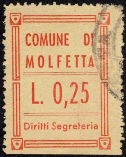 Marca da Bollo del Comune di MOLFETTA su Carta Bianca di dimensioni 22 ,5 x 31 mm
