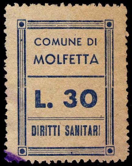 Marca da Bollo del Comune di MOLFETTA su Carta Bianca di dimensioni 22 x 31 mm