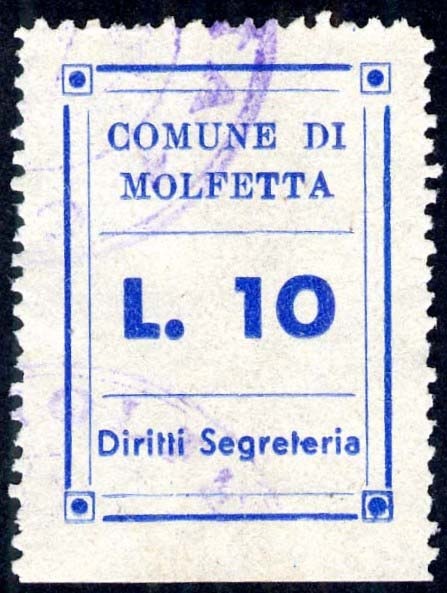 Marca da Bollo del Comune di MOLFETTA su Carta Bianca Sottile di dimensioni 22 x 31 mm