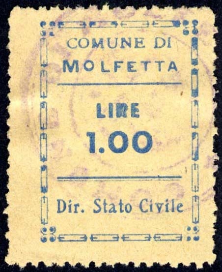 Marca da Bollo del Comune di MOLFETTA su Carta Paglia di dimensioni 22 X 31 mm