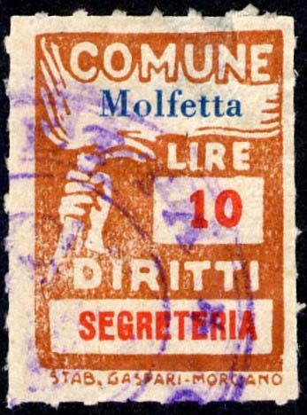Marca da Bollo del Comune di MOLFETTA su Carta Bianca di dimensioni 18,5 x 26 mm