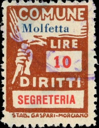 Marca da Bollo del Comune di MOLFETTA su Carta Bianca di dimensioni 18,5 x 26 mm