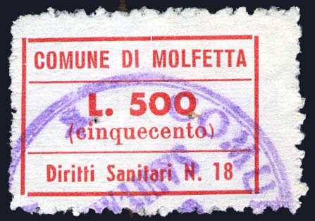Marca da Bollo del Comune di MOLFETTA su Carta Bianca di dimensioni 23,5 x 15,5 mm