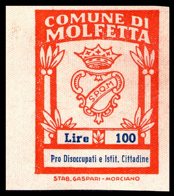 Marca da Bollo del Comune di MOLFETTA su Carta Bianca di dimensioni 30 x 41 mm