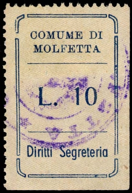 Marca da Bollo del Comune di MOLFETTA su Carta Bianca Sottile di dimensioni 22 x 36 mm