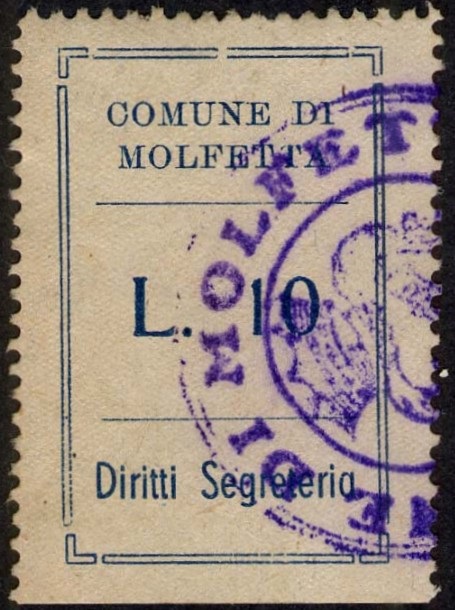 Marca da Bollo del Comune di MOLFETTA su Carta Bianca Sottile di dimensioni 22 x 36 mm