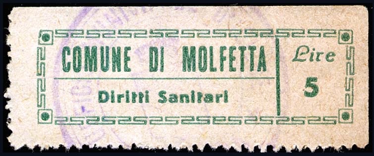 Marca da Bollo del Comune di MOLFETTA su Carta Bianca di dimensioni 45 x 13 mm