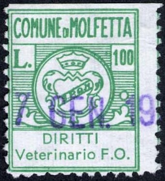 Marca da Bollo del Comune di MOLFETTA su Carta Bianca di dimensioni 19 x 23 mm