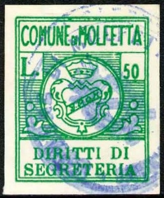 Marca da Bollo del Comune di MOLFETTA su Carta Bianca di dimensioni 18,5 x 23 mm