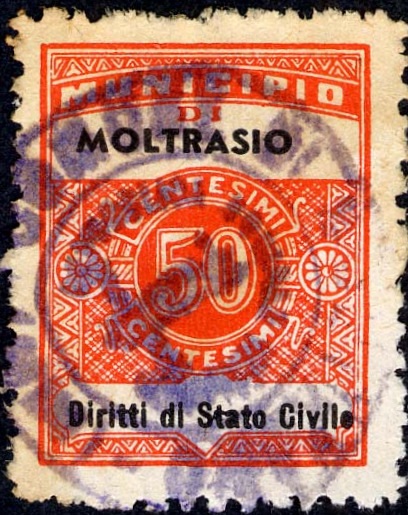 Marca da Bollo del Comune di MOLTRASIO su Carta Bianca Sottile di dimensioni 22,5 x 29 mm