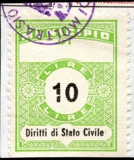 Marca da Bollo del Comune di MOLTRASIO su Carta Bianca di dimensioni 21 X 27 mm