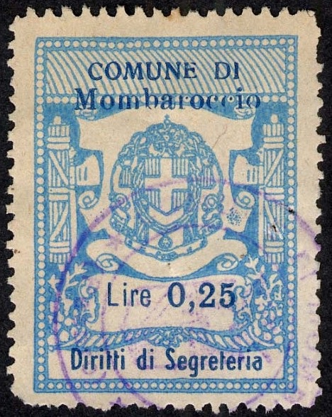 Marca da Bollo del Comune di MOMBAROCCIO (MONTE BAROCCIO) su Carta Bianca di dimensioni 26 x 35 mm