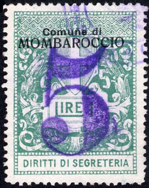Marca da Bollo del Comune di MOMBAROCCIO (MONTE BAROCCIO) su Carta Bianca di dimensioni 27 X 36 mm