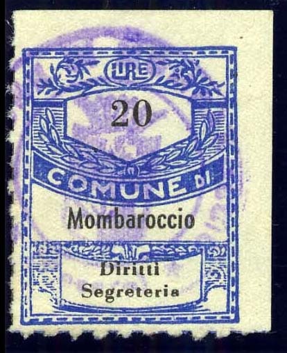 Marca da Bollo del Comune di MOMBAROCCIO (MONTE BAROCCIO) su Carta Bianca Sottile di dimensioni 22 x 28,5 mm