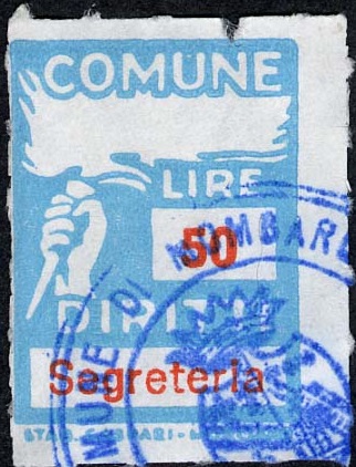 Marca da Bollo del Comune di MOMBAROCCIO (MONTE BAROCCIO) su Carta Bianca Sottile di dimensioni 18,5 x 28 mm
