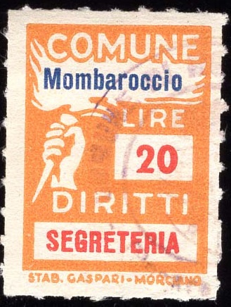 Marca da Bollo del Comune di MOMBAROCCIO (MONTE BAROCCIO) su Carta Bianca Sottile di dimensioni 18,5 x 28 mm