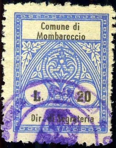 Marca da Bollo del Comune di MOMBAROCCIO (MONTE BAROCCIO) su Carta Bianca di dimensioni 21,5 x 27 mm