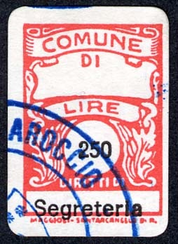 Marca da Bollo del Comune di MOMBAROCCIO (MONTE BAROCCIO) su Carta Bianca di dimensioni 18 x 27,5 mm